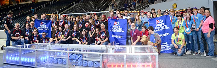 After a regional alliance win at the University of Tennessee in Knoxville on Saturday, March 24, 2018, the Secret City Wildbots robotics team of Oak Ridge, Team 4265, is headed to the World Finals in Houston in April. Pictured above is the winning alliance that included Oak Ridge. (Photo by Angi Agle)