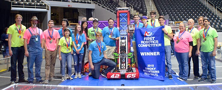 After a regional alliance win at the University of Tennessee in Knoxville on Saturday, March 24, 2018, the Secret City Wildbots robotics team of Oak Ridge, Team 4265, is headed to the World Finals in Houston in April. (Photo by Angi Agle)