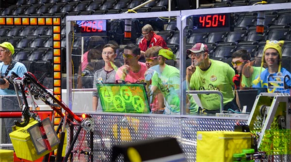 After a regional alliance win at the University of Tennessee in Knoxville on Saturday, March 24, 2018, the Secret City Wildbots robotics team of Oak Ridge, Team 4265, is headed to the World Finals in Houston in April. Pictured above is the drive team. (Photo by Angi Agle)