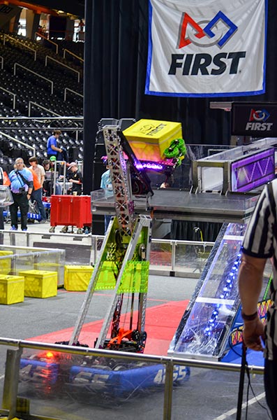 After a regional alliance win at the University of Tennessee in Knoxville on Saturday, March 24, 2018, the Secret City Wildbots robotics team of Oak Ridge, Team 4265, is headed to the World Finals in Houston in April. Pictured above is the robot. (Photo by Angi Agle)