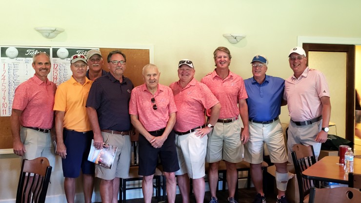 From left to right are Roane State alumni who were members of the original golf team at the community college: Chris Griffin, Eddie Evans, Bobby Tipton (in back), Tom Flynn, former Roane State Golf Coach Eddie Liskovec, Mike Emery, John Thomas, Mike Fuller, and Randy Button. (Photo courtesy Roane State Community College)