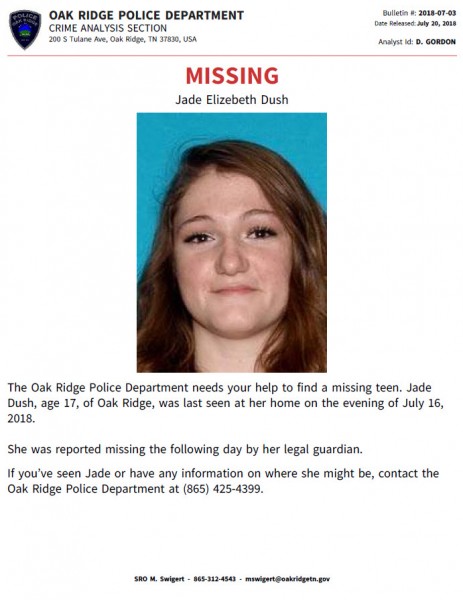 Oak Ridge Police Department Missing Teen Search Jade Dush July 20 2018