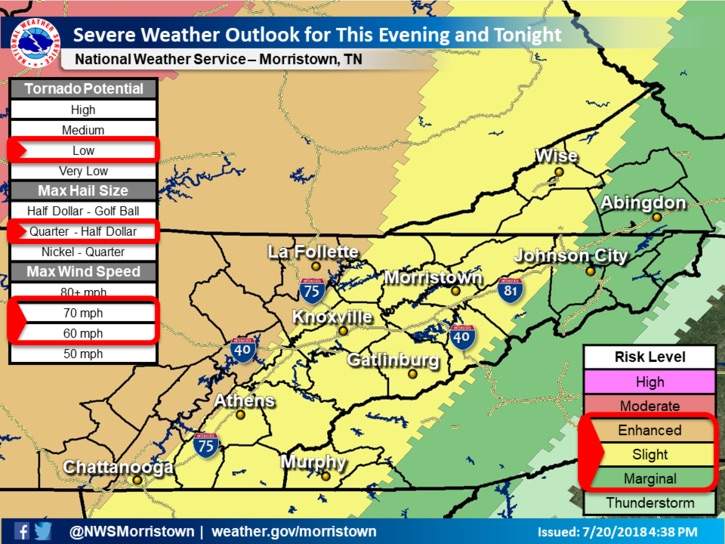 Strong to severe thunderstorms are expected tonight. Damaging winds, large hail, and lightning will be the main threats with the storms. (Image courtesy National Weather Service in Morristown)