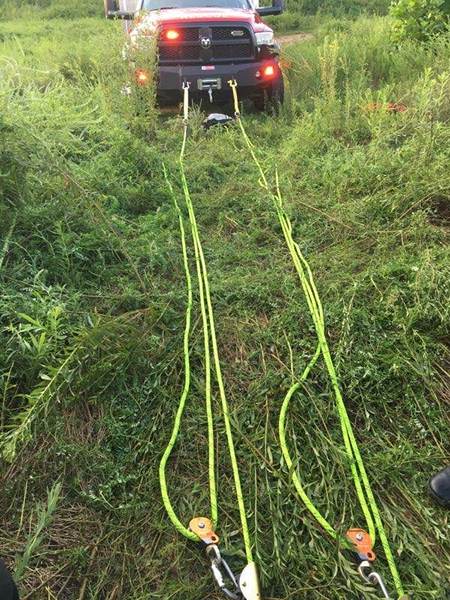 A rope rescue system was used to help remove an injured Jeep driver who had driven over a steep hill near Edgemoor Road in east Oak Ridge at about 7 p.m. Sunday, Aug. 12, 2018, authorities said. (Photo courtesy Oak Ridge Fire Department)