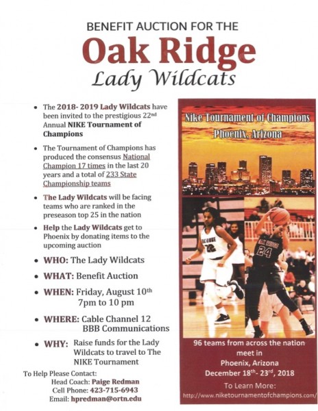 Oak Ridge Lady Wildcats Basketball Auction Flyer Aug 10 2018