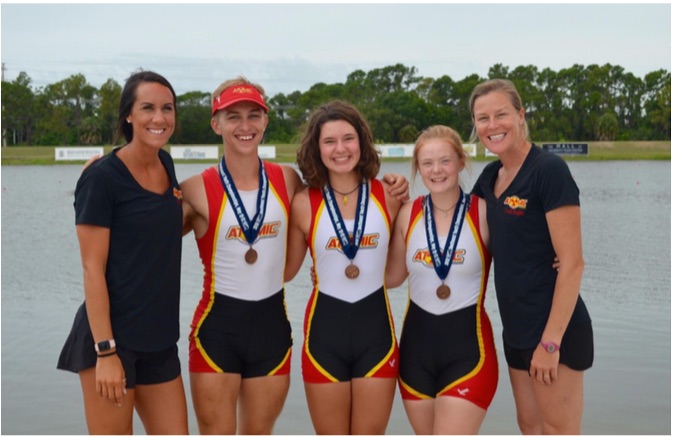 Coach Evelyn Radford, Kristopher Fisher, Veda Seay, Clara Hay, and Coach Shannon Moore of Atomic Rowing are pictured above in this submitted photo.