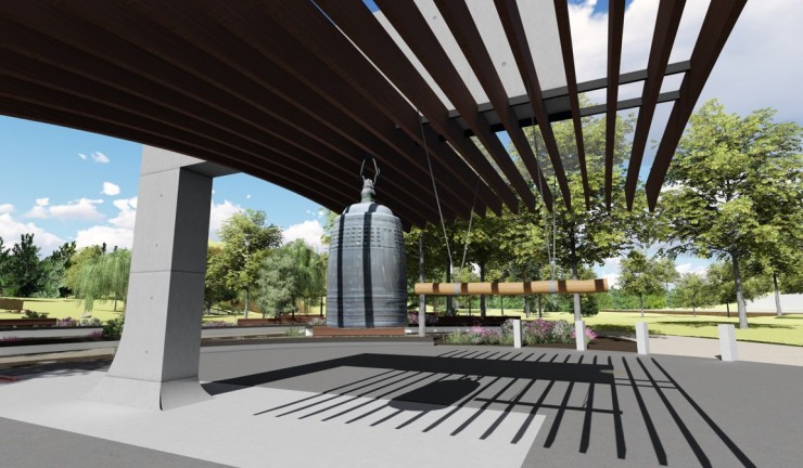 The new Peace Pavilion for the Oak Ridge International Friendship Bell will be dedicated Thursday, Sept. 20, 2018, in A.K. Bissell Park. This architect’s rendering shows the large cantilever structure, crossed by a series of beams, that will support the Bell in its new location. (Image courtesy of demianwilburarchitects)