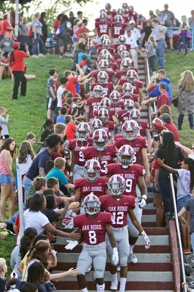 The Oak Ridge Wildcats walk down the stairs at Jack Armstrong Stadium before a 41-12 win over Dobyns-Bennett on Blankenship Field on Friday, Aug. 24, 2018. (Photo by Barry Houchin)