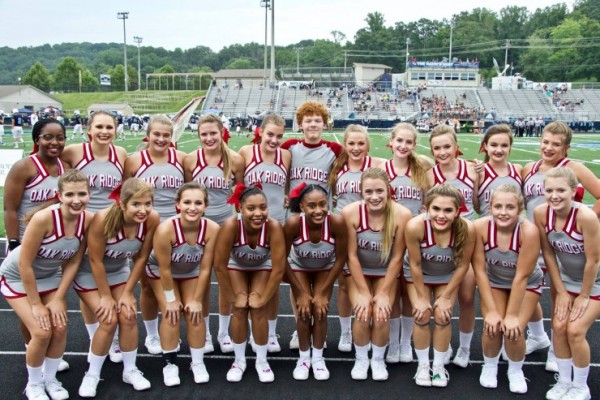 Oak Ridge cheerleaders are pictured above at Hardin Valley on Thursday, Aug. 16, 2018. (Photo by Barry Houchin)
