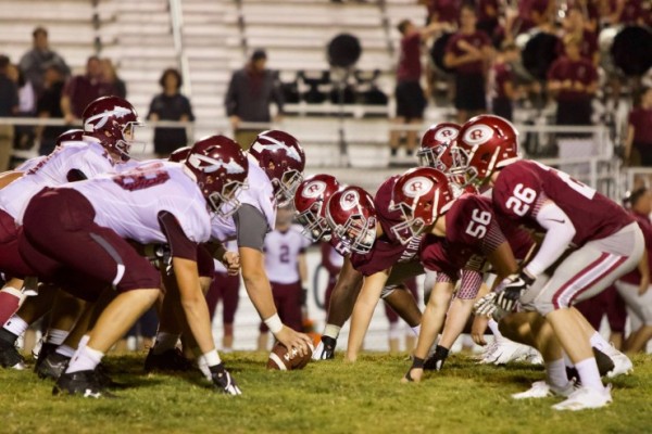 The Oak Ridge defense lines up against the Dobyns-Bennett offense during a 41-12 win for the Wildcats on Blankenship Field on Friday, Aug. 24, 2018. (Photo by Barry Houchin)