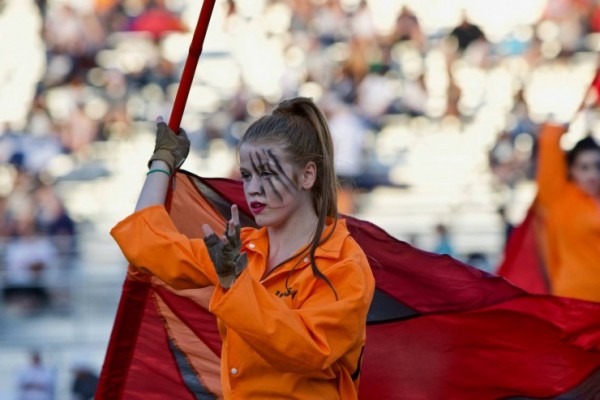 A member of the Oak Ridge color guard is pictured above during a 20-14 loss to Farragut on Blankenship Field on Friday, Sept. 7, 2018. (Photo by Barry Houchin)