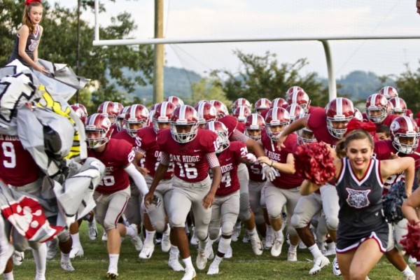 Oak Ridge Wildcats run onto the field during a 41-12 win over Dobyns-Bennett on Blankenship Field on Friday, Aug. 24, 2018. (Photo by Barry Houchin)