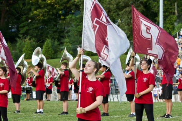 The Oak Ridge Wild Band and Color Guard are pictured above during a 41-12 win over Dobyns-Bennett on Blankenship Field on Friday, Aug. 24, 2018. (Photo by Barry Houchin)