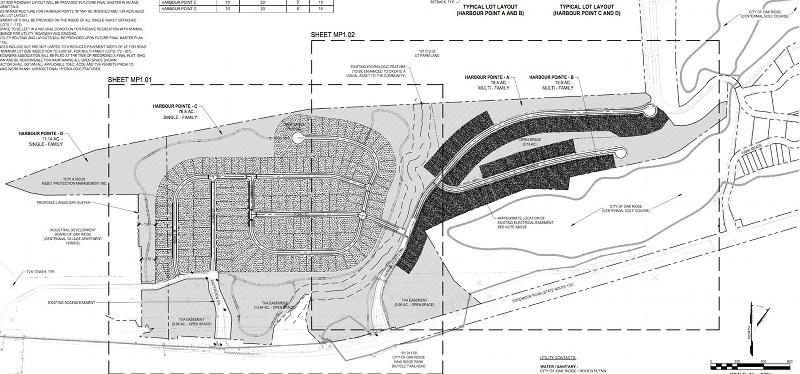 The revised preliminary master plan for Harbour Pointe, a residential development on more than 100 acres off Edgemoor Road in east Oak Ridge. Park Meade is to the right, Centennial Village Apartments are to the left, University of Tennessee Arboretum is beyond the top of this image, and Edgemoor Road and Haw Ridge are beyond the bottom of this image.