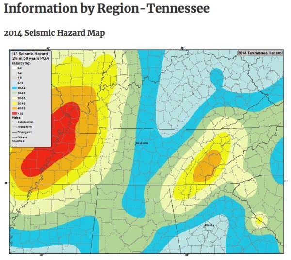 The U.S. Geological Survey's 2014 seismic hazard map for Tennessee. (Image courtesy U.S. Geological Survey)