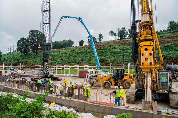 Site preparation crews constructed two secant pile retaining walls to retain soils, control water seepage, and provide a deep, secure foundation for the water intake structure at the new Mercury Treatment Facility at Y-12 National Security Complex. (Photo via DOE's EM Update on Tuesday, Dec. 11, 2018)