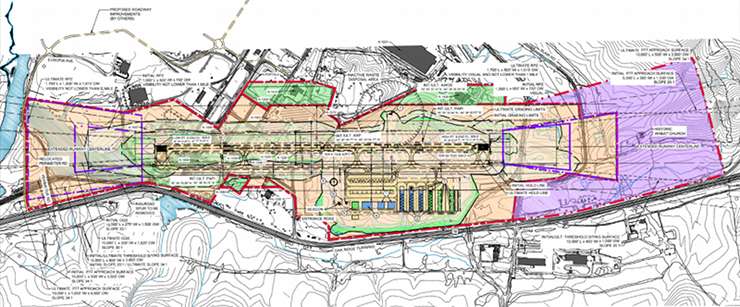 A May 2018 draft of the airport layout drawing for the proposed Oak Ridge Airport at East Tennessee Technology Park along State Route 58 in west Oak Ridge. (Image courtesy Metropolitan Knoxville Airport Authority/Michael Baker International)