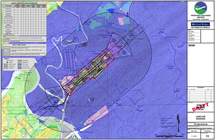 A May 2018 draft of the land use drawing for the proposed Oak Ridge Airport at East Tennessee Technology Park along State Route 58 in west Oak Ridge. (Image courtesy Metropolitan Knoxville Airport Authority/Michael Baker International)