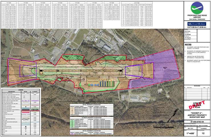 A May 2018 draft of the airport property inventory map for the proposed Oak Ridge Airport at East Tennessee Technology Park along State Route 58 in west Oak Ridge. (Image courtesy Metropolitan Knoxville Airport Authority/Michael Baker International)