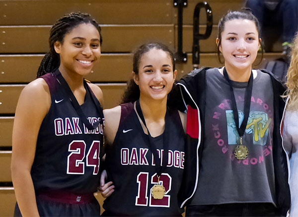 Oak Ridge senior Jada Guinn (24) was named most valuable player and junior Bri Dunbar (12) was named to the All-Tournament team after a 49-36 championship win over Jefferson County in the Andrew Johnson Bank Ladies Classic in Greenville on Saturday, Dec. 29, 2018. (Photo by John Huotari/Oak Ridge Today)