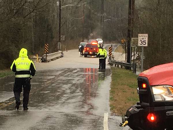 Flooding at Gum Hollow Road, which is closed, is pictured above on Saturday morning, Feb. 23, 2019. (Photo courtesy Valarie Emery)