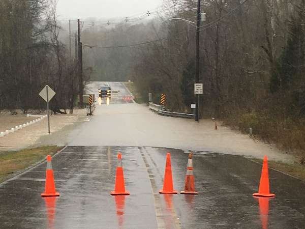 Flooding at Gum Hollow Road, which is closed, is pictured above on Saturday morning, Feb. 23, 2019. (Photo courtesy Valarie Emery)
