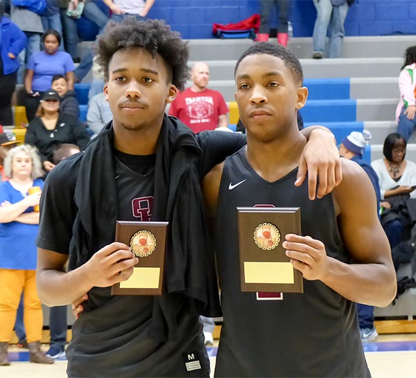 Oak Ridge senior Marcus Smith (2), right, scored 41 points in the 75-65 District 3-AAA championship win over Karns on Wednesday, Feb. 20, 2019, and he was named most valuable player of the district tournament. Oak Ridge senior JaVonte Thomas (3) was named to the All-Tournament team. (Photo by John Huotari/Oak Ridge Today)