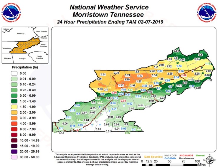 Almost 4 inches of rain fell in Norris overnight starting Wednesday, Feb. 6, 2019. Norris is the area around 3.97" near the lower left portion of the large dark orange area in the map above by the National Weather Service in Morristown. (Image courtesy NWS)