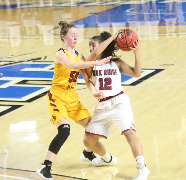 Oak Ridge junior Bri Dunbar (12) is pictured above on offense during a 65-49 win over Science Hill in a Class AAA girls basketball tournament quarterfinal game in Murphy Center at Middle Tennessee State University in Mufreesboro on Thursday, March 7, 2019. (Photo by Luther Simmons)