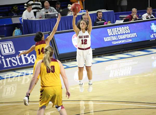 Oak Ridge junior Bri Dunbar (12) shoots a three-point shot during a 65-49 win over Science Hill in a Class AAA girls basketball tournament quarterfinal game in Murphy Center at Middle Tennessee State University in Mufreesboro on Thursday, March 7, 2019. (Photo by Luther Simmons)