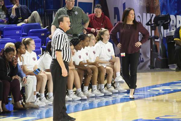 Oak Ridge Coach Paige Redman, right, and the Lady Wildcats bench are pictured above during a 65-49 win over Science Hill in a Class AAA girls basketball tournament quarterfinal game in Murphy Center at Middle Tennessee State University in Mufreesboro on Thursday, March 7, 2019. (Photo by Luther Simmons)