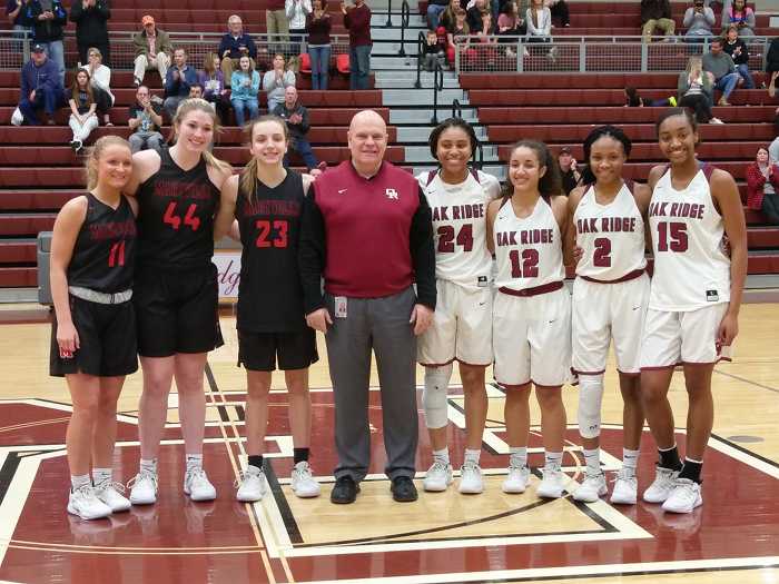 Among the players on the Region 2-AAA All Tournament Team after the championship game at Wildcat Arena on Wednesday, Feb. 27, 2019, were Oak Ridge senior Jada Guinn (24), who was named most valuable player, junior Bri Dunbar (12), sophomore Khamari Mitchell-Steen (2), and junior Raja Eckles (15); and Maryville's Lindsey Taylor (44), Courtney Carruthers (11), and Denae Fritz (23). (Photo by John Huotari/Oak Ridge Today)