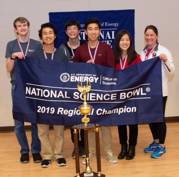 Winning first place in the 2019 Tennessee Science Bowl is Oak Ridge High School, pictured left to right with their trophy, David Joy, Henry Shen, George Wang, Steven Qu, and Melody Guo. Their coach is Sharon Thomas. (Submitted photo)