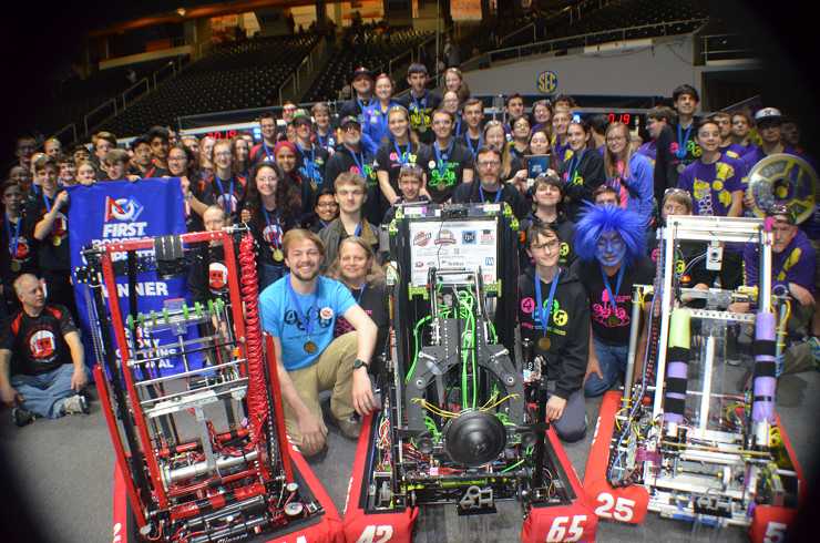 The Secret City Wildbots, Team 4265, won the Smoky Mountains Regionals robotics tournament on Saturday, March 30, 2019, as captains of the fourth-seeded alliance, along with alliance partners 2614 Mars of Morgantown, W.V., and 2556 RadioActive Roaches of Niceville, Fla. The win secures a place in the World Championship at the George R. Brown Convention Center in Houston, Texas, from April 17-20. (Photo by Angi Agle)